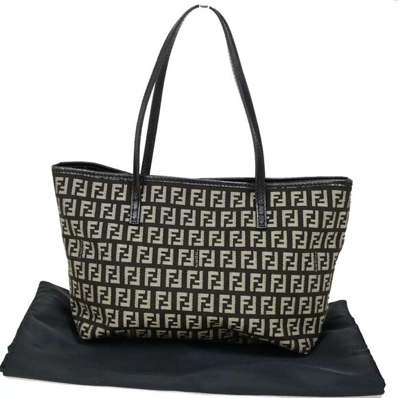 FENDI Logo Zucchino Shoulder Tote Bag Canvas Leather Brown SHW Italy